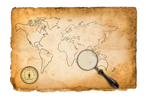 Old map with compass and magnifying glass Stock Photos