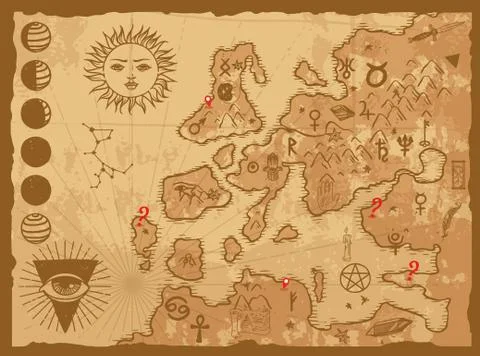 Old map of fantasy world marked with astrology signs, vector illustration Stock Illustration