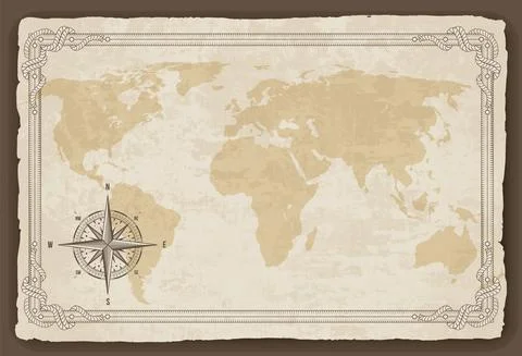 Old map frame with retro nautical compass on old paper texture. Hand drawn Stock Illustration