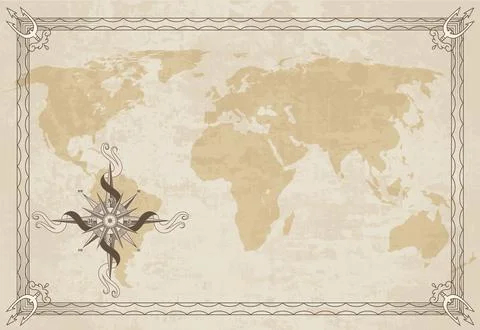 Old map frame with retro nautical compass on old paper texture. Hand drawn Stock Illustration