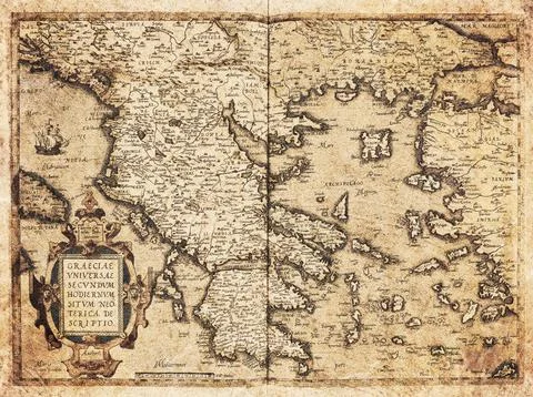 Old Map Of Greece (1570)  Antique Map Of Ancient Greek Region Stock Illustration
