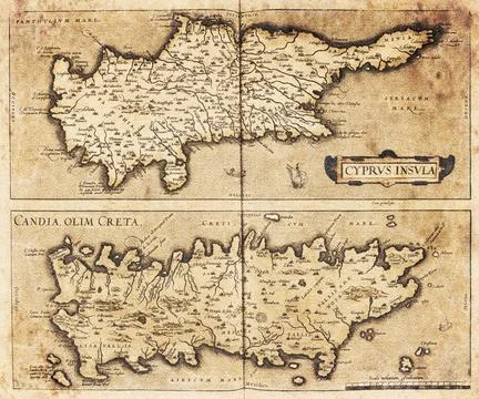 Old Map Of Mediterranean Islands (1570)  Cyprus and Crete Antique Map Stock Illustration