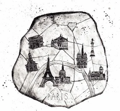 Old map of Paris. Eiffel Tower, Sacre Coeur, Notre-Dame, Arc de Triomphe. Stock Illustration