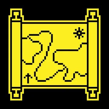 Old map Pixel silhouette icon. Papyrus paper rolled up. Medieval letters an.. Illustrazione stock