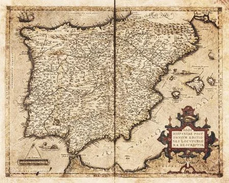 Old Map Of Spain (1570)  Antique Map Of The Iberian Peninsula Stock Illustration