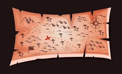 Old map of treasures. Cartoon drawing of discovery element to paper. Vector p Stock Illustration