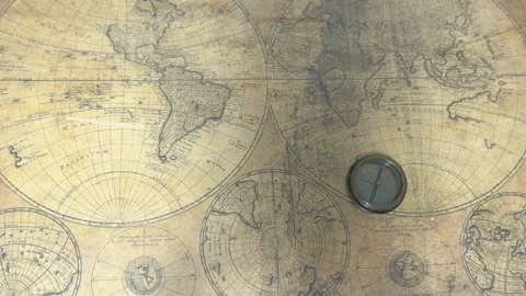 Old Mariner's compass on antique map Video stock 164117037
