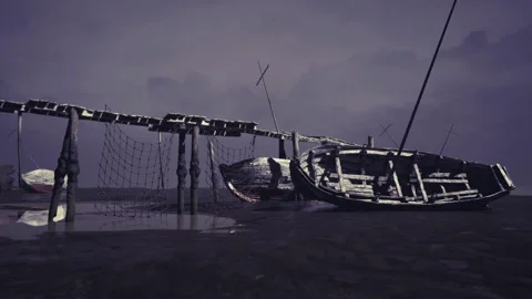 Old maritime craft lying idle under purple evening sky near shaky pier Stock Footage 330170913