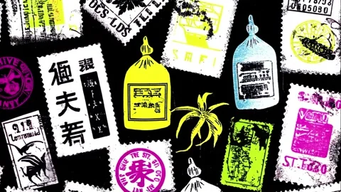 Old-market poster layout of tea and herbs and postcards Stock Footage 308032803