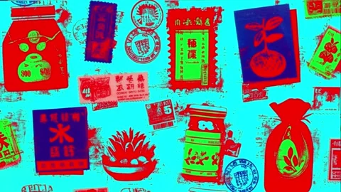 Old-market product tag pattern of market typography and postcards Stock-Footage 308032287