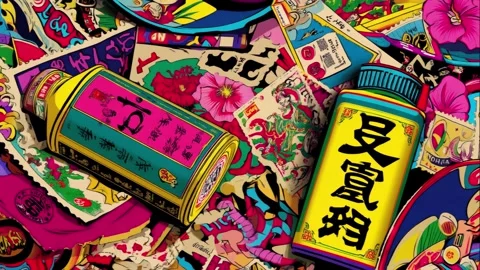 Old-market product tag pattern of Asian snacks and stamps Video stock 308033552