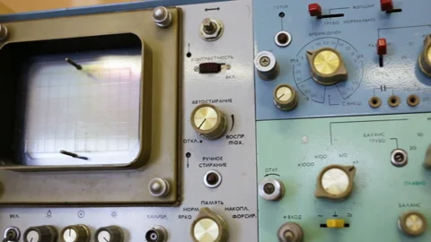 Old measuring device. On the front panel there are many buttons, switches, poten Stock Footage 85615220