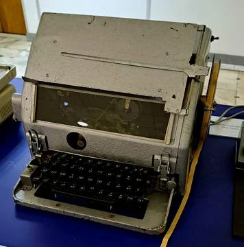 Old Mechanical Teletype Machine with Cyrillic Keyboard. Stock Photos