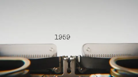 Old mechanical typewriter typing Year 1959 in a close-up view, with metal Stock Footage 321452708