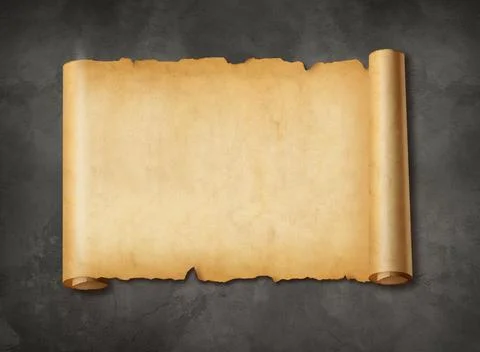 Old mediaeval paper sheet. Horizontal parchment scroll on a concrete wall Stock Photos