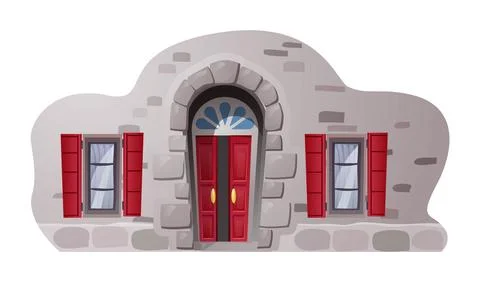 Old medieval building facade with open door, flat vector illustration isolated. Ilustración de archivo