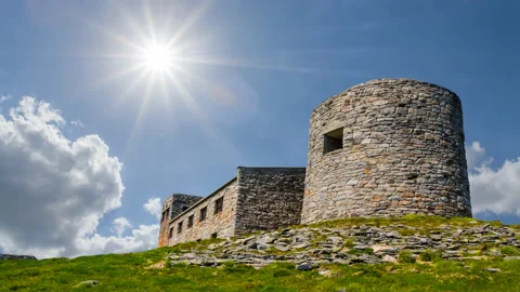 Old medieval castle among fields at the sunny day time lapse scene Stock Footage 239081819