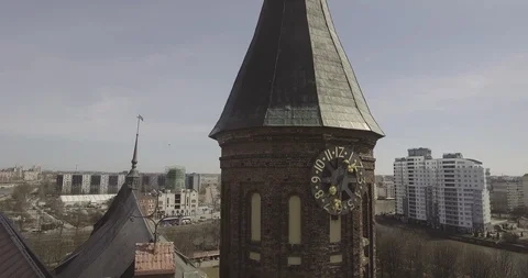 Old medieval castle. Catholic gothic tower with a clock. Stock Footage 95936654