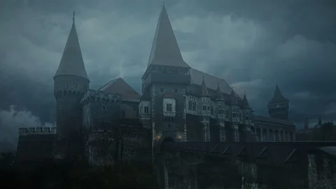 Old medieval castle in a stormy night Stock Footage