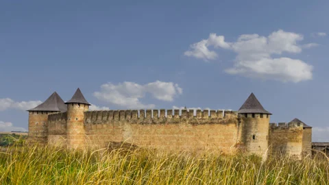 Old medieval castle under a blue cloudy sky Video stock 146690330