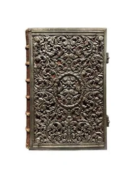 Old medieval decorated book front isolated on white background Stock Photos