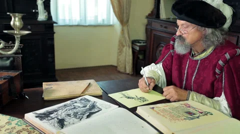 An old medieval scholar checks some documents   Stock Footage 33033264