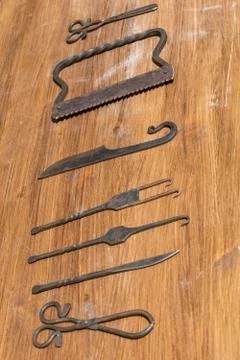 Old medieval surgery doctors tools Stock Photos