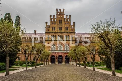 Old medieval university campus architecture building facade and yard ...