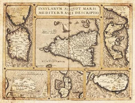 Old Mediterranean Islands Map (1570)  Antique Multi Island Map Stock Illustration