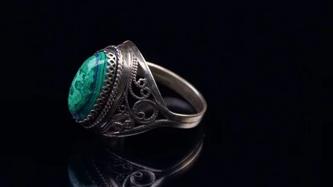 Old melchior ring with malachite stone. Video stock 102097059