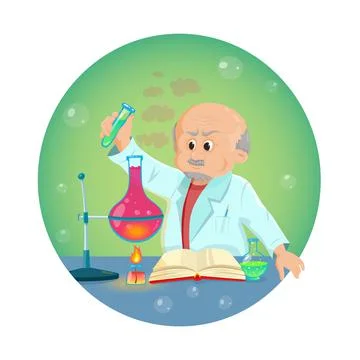 Old men doing chemistry experiments. Holding flask and test tube in hands. Old Stock Illustration