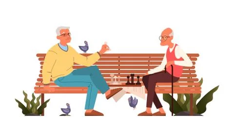 Old men play chess. Elderly peope sitting on park bench with chessboard. Ilustração Stock