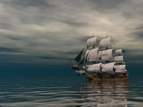 Old merchant ship on the ocean - 3D render Stock Illustration