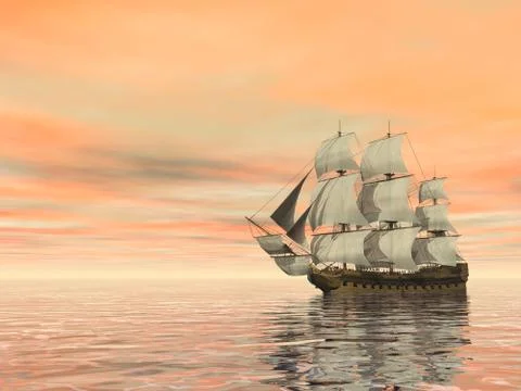 Old merchant ship on the ocean - 3D render Stock Illustration