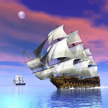 Old merchant ships - 3D render Stock Illustration