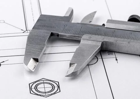 Old metal caliper and engineering drawing. Close up Stockfoto's