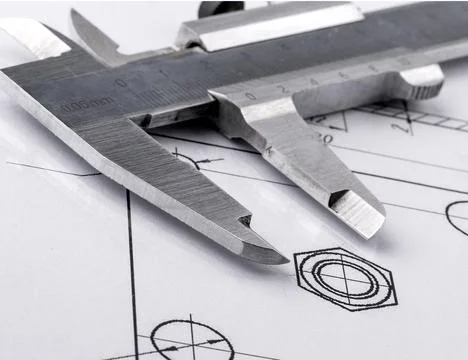 Old metal caliper and engineering drawing. 스톡 사진