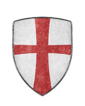 Old metal crusaders shield with red cross isolated on white background Stock Illustration