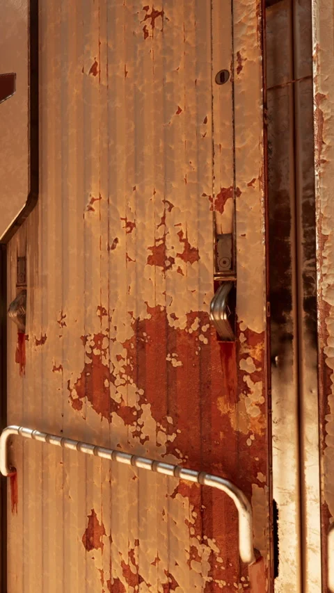 Old metal door with rust and peeling paint in abandoned structure Stock Footage 341248829