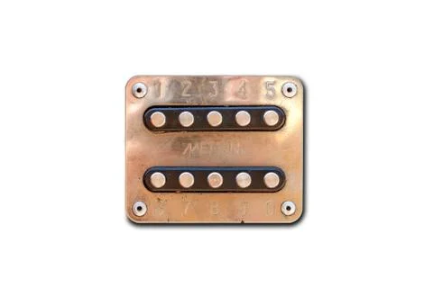 Old metal intercom. 10 buttons. Isolated on white background. Closeup Foto stock