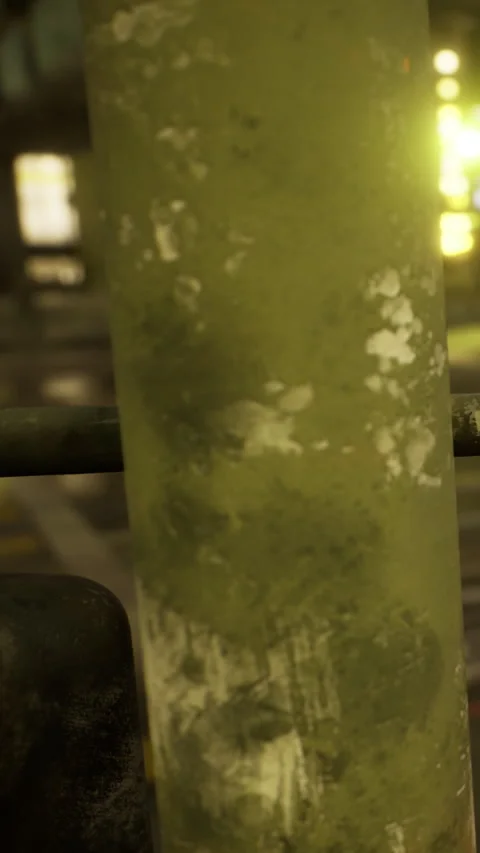Old metal pipe in a large warehouse with dim lighting and a worn floor Stock Footage 336583183