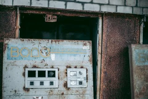Old metal soviet machine for carbonating water in Pripyat in Chernobyl Stock Photos