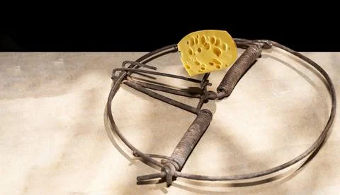 Old metal spring type trap used to catch mice with cheese as bait to attrac.. Stock Photos