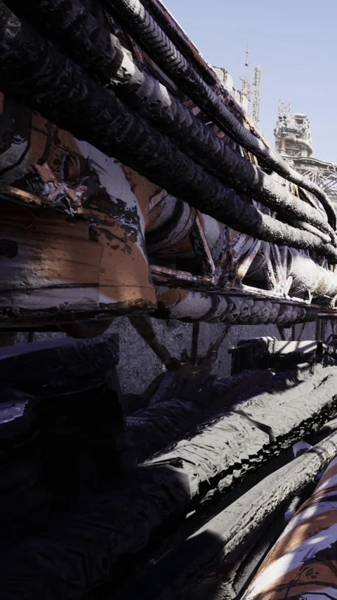 Old metal structure in a construction site with pipes and cables in view Stock Footage 334258559