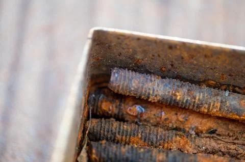 Old metal studs covered in rust, close-up, selective focus. Stock Photos