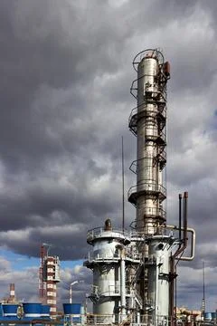 Old methanol distillation rectification refinery column towers and reactors Stock Photos