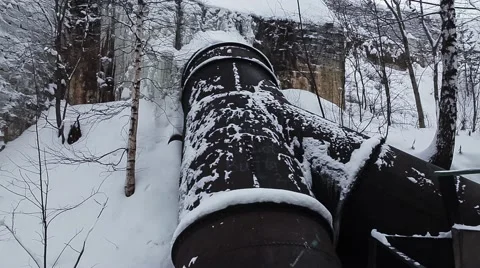 Old micro hydro power plant. Winter forest Stock Footage 64464932