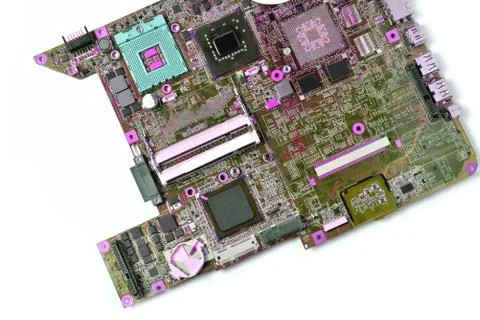 Old microcircuit from a laptop, background, on a white background in purple Stock Photos