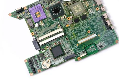 Old microcircuit from a laptop, background, on a white background Foto stock