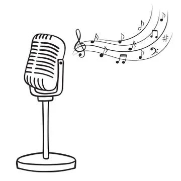 Old microphone and music notes hand drawn vector. Vintage music background Stock Illustration